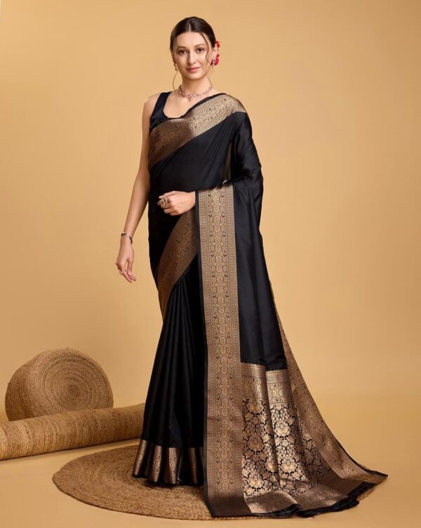 AMIRAT Women's Banarasi silk plain saree With Golden Zari Woven Border With Blouse Piece - Image 3