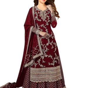 Miss Ethnik Women's Faux Georgette Semi-Stitched Top With Stitched Bottom and Dupatta Embroidered Straight Kurta Dress Material (Kurta Palazzo Set)