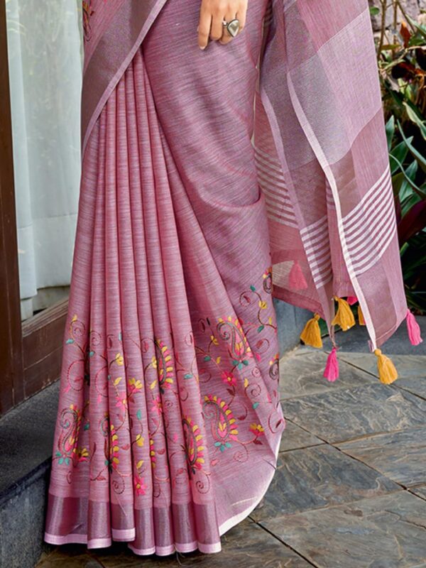 Astita Elegant Linen Cotton Saree with Woven Thread Border & Pallu | Soft Traditional Look for Festive Gifting & Everyday Elegance – With Unstitched Blouse Piece - Image 4