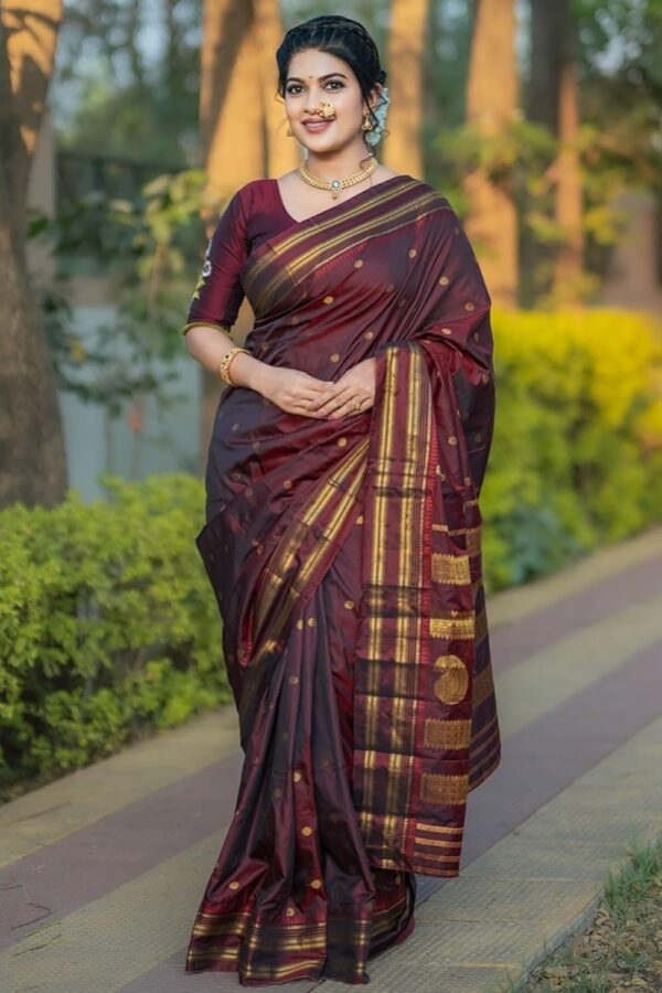 SGF11 Women's Kanjivaram Soft Silk Saree With Unstitched Blouse Piece (Brown) - Image 3