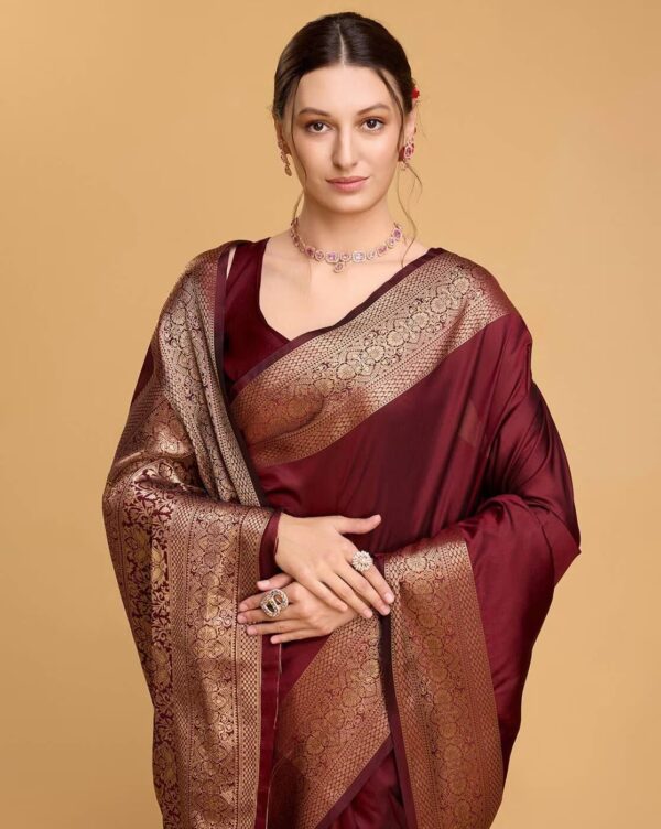AMIRAT Women's Banarasi silk plain saree With Golden Zari Woven Border With Blouse Piece - Image 5
