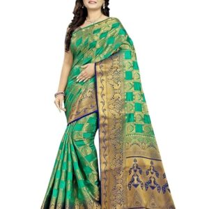 KAVINDI Women's Banarasi Silk With Jacquard Print Saree With Blouse