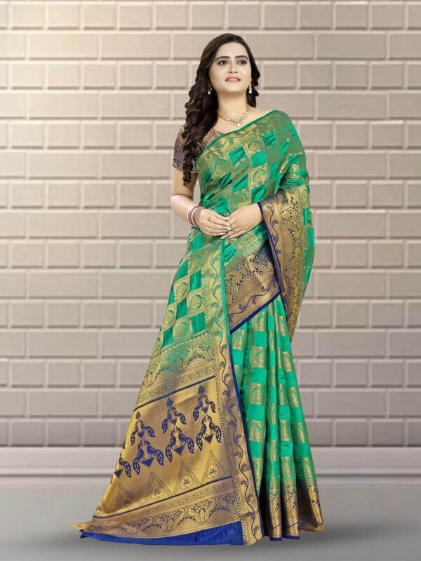 KAVINDI Women's Banarasi Silk With Jacquard Print Saree With Blouse - Image 4