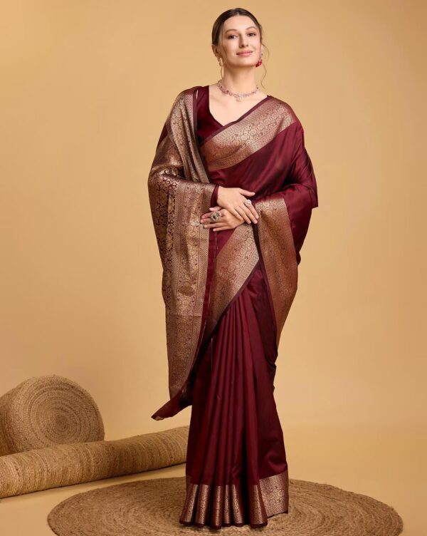 AMIRAT Women's Banarasi silk plain saree With Golden Zari Woven Border With Blouse Piece - Image 4