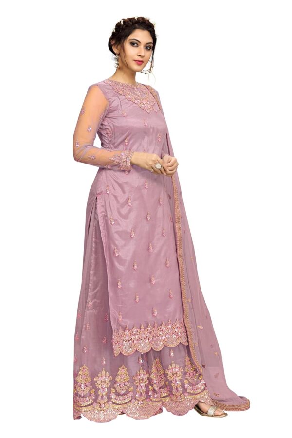 TRENDMALLS Women's Net Embroidery Salwar Suit Kurta Sharara Set with Dupatta Skyblue - Image 4
