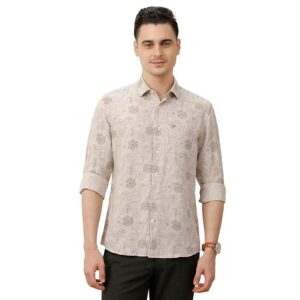 Linen Club Men's Linen Rich Brown Printed Contemporary Fit Full Sleeve Casual Shirt