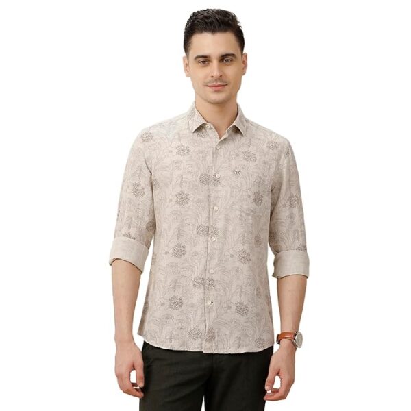 Linen Club Men's Linen Rich Brown Printed Contemporary Fit Full Sleeve Casual Shirt