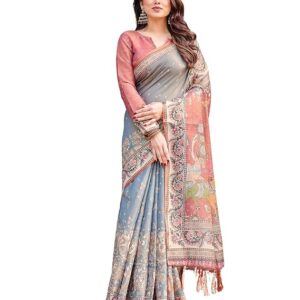 ALMAARI FASHION Handloom Cotton Floral Printed Saree with Tassels on Edges & Attached Blouse Piece | 5.5 Meter Saree + 0.8 Meter Blouse