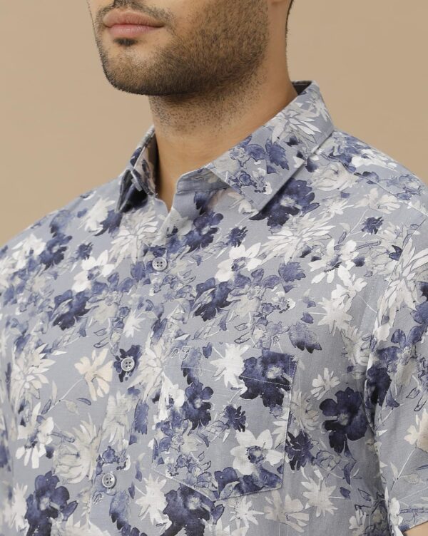 Linen Club Men's Pure Linen Blue Printed Contemporary Half Full Sleeve Casual Shirt - Image 4