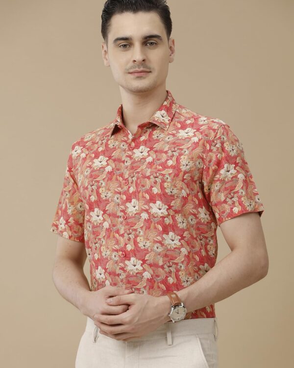 Linen Club Men's Pure Linen Blue Printed Contemporary Half Full Sleeve Casual Shirt - Image 2