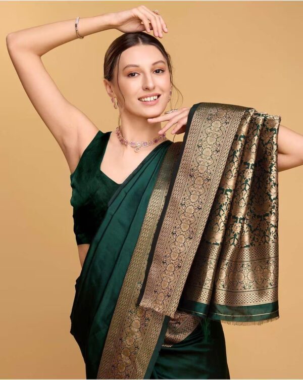 AMIRAT Women's Banarasi silk plain saree With Golden Zari Woven Border With Blouse Piece - Image 4