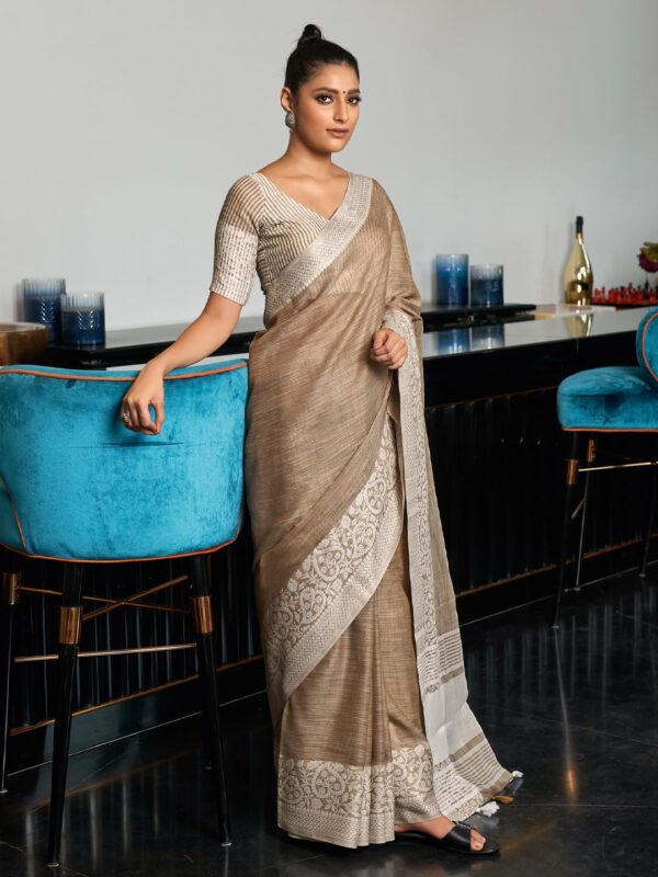Astita Elegant Linen Cotton Saree with Woven Thread Border & Pallu | Soft Traditional Look for Festive Gifting & Everyday Elegance – With Unstitched Blouse Piece - Image 2