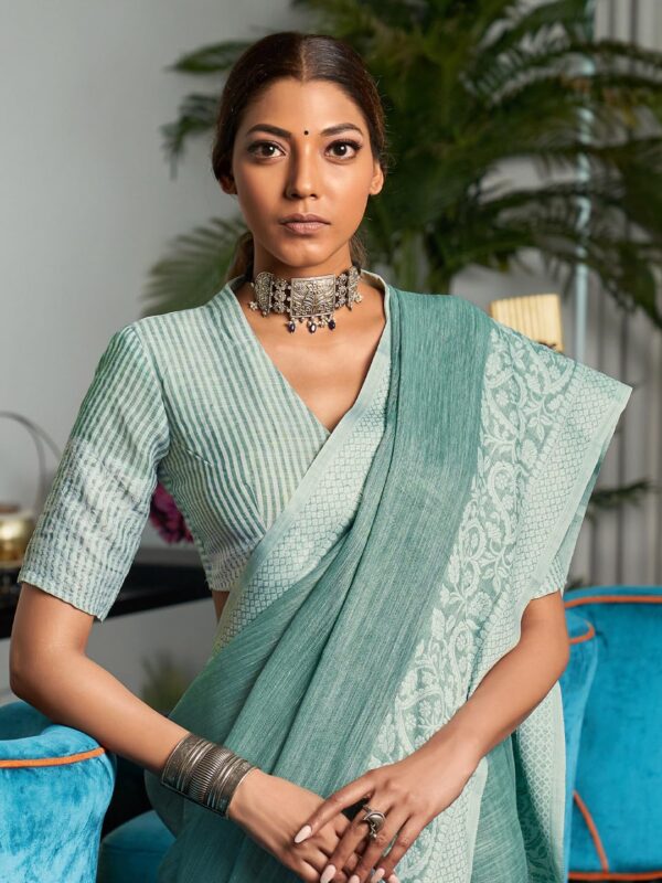 Astita Elegant Linen Cotton Saree with Woven Thread Border & Pallu | Soft Traditional Look for Festive Gifting & Everyday Elegance – With Unstitched Blouse Piece - Image 5