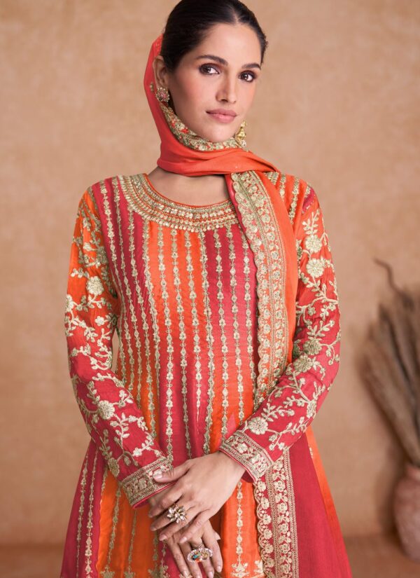 Miss Ethnik Dual Tone Strip Chinon Heavy Embroidered Stitched Sharara Suit Set With Dupatta (ME-1129) - Image 3