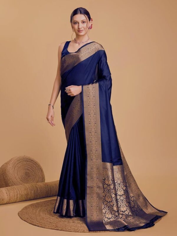 AMIRAT Women's Banarasi silk plain saree With Golden Zari Woven Border With Blouse Piece - Image 4