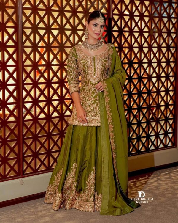 Women's Fancy Heavy Chinnon Silk with Heavy Embroidery Work with Fancy Borders Less Work Sleeve with Fancy Kurta Set with Dupatta for Wedding - Image 2