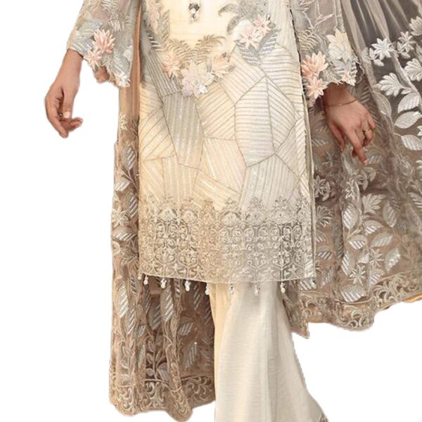 Miss Ethnik Women's Faux Georgette Semi Stitched Top With Unstitched Santoon Bottom and Net Dupatta Embroidered Straight Kurta Dress Material (Kurta Palazzo Set) - Image 4