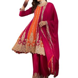 Miss Ethnik Women's Pink Chinon Stitched Top with Bottom and Dupatta - Full Sleeve Embroidered Flared Top