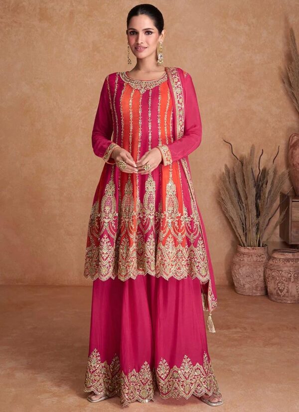 Miss Ethnik Women's Pink and Orange Color Traditional Chinon Embroidered Stitched Kurta Palazzo Set With Embroidered Dupatta (ME-1132-Pink) - Image 2