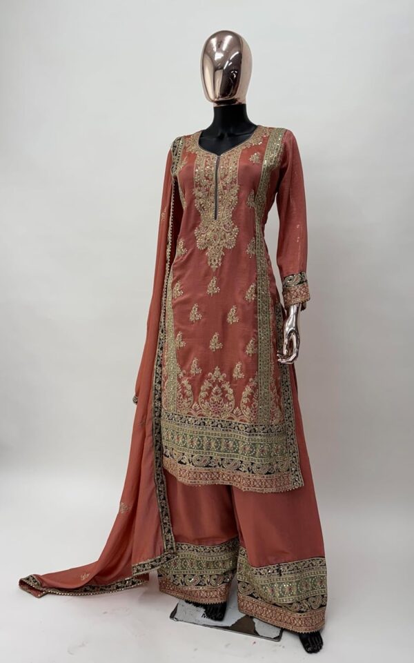 Miss Ethnik Women's Peach Chinon Stitched Top With Stitched Chinon Bottom and Chinon Dupatta Full Sleeve Embroidered Straight Top (ME-1192) - Image 5