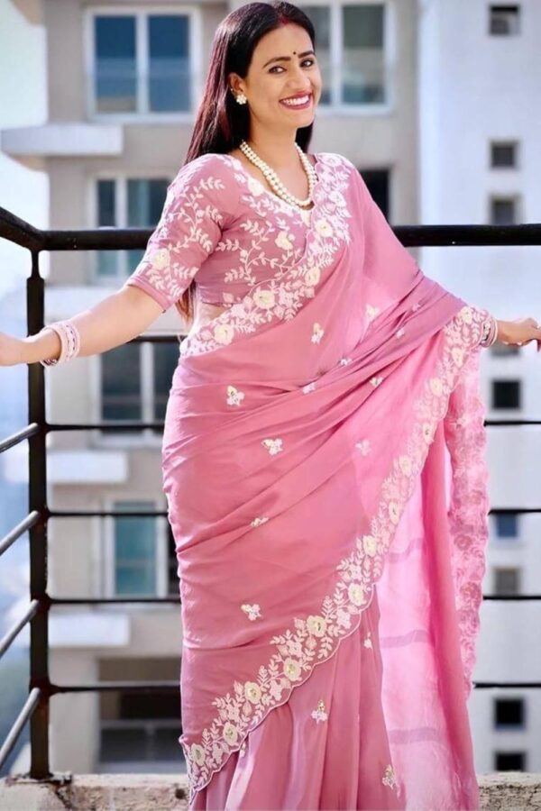 SGF11 Women's Chinon Silk Embroidery Work Saree With Unstitched Blouse Piece (Pink) - Image 3