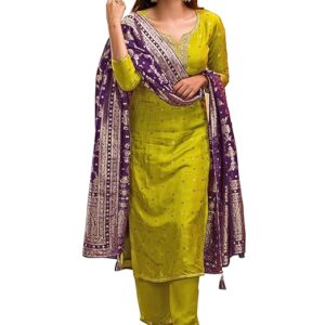 TRENDMALLS Women's Silk Embroidery Kurta Pant Set with Banarasi Dupatta