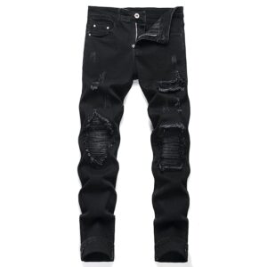 AITITIA Men's Biker Zipper Deco Washed Straight Fit Jeans