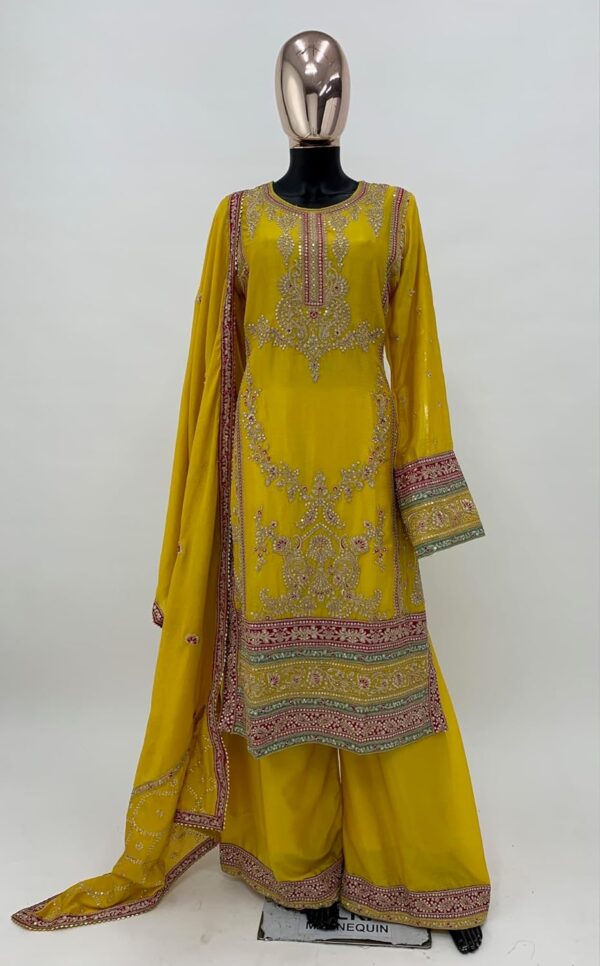Miss Ethnik Women's Yellow Color Chinon Embroidered Kurta Palazzo Set With Embroidered Dupatta (ME-1140-Yellow) - Image 4