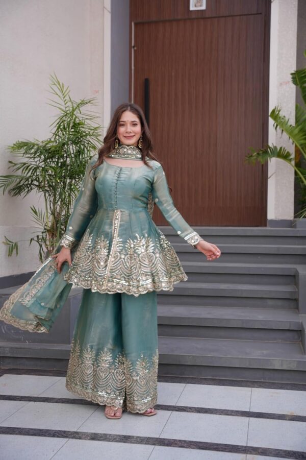 Women's Satin Silk Plazoo Set with Dupatta | Embroidered Short Kurti with Half Sleeves | Party, Ethnic Dress for Wedding, Haldi & Festive Occasions - Image 5
