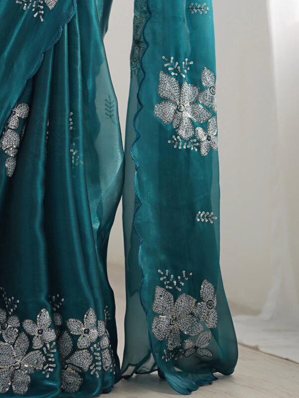 AKHILAM Women's Shimmer Organza Sequence Embroidery Saree With Unstitched Blouse Piece - Image 6