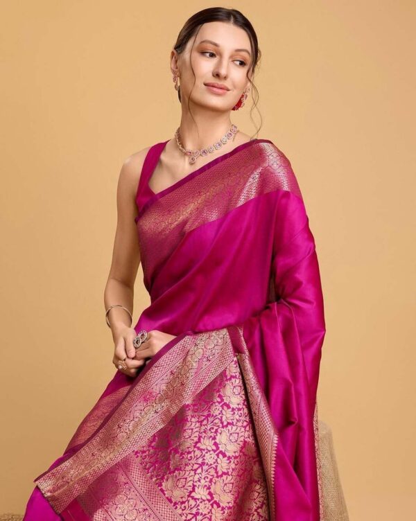 AMIRAT Women's Banarasi silk plain saree With Golden Zari Woven Border With Blouse Piece - Image 3
