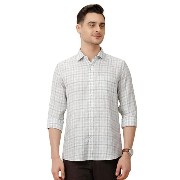 Linen Club Men's Pure Linen Blue Checked Contemporary Fit Half Sleeve Casual Shirt