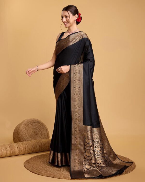 AMIRAT Women's Banarasi silk plain saree With Golden Zari Woven Border With Blouse Piece - Image 4