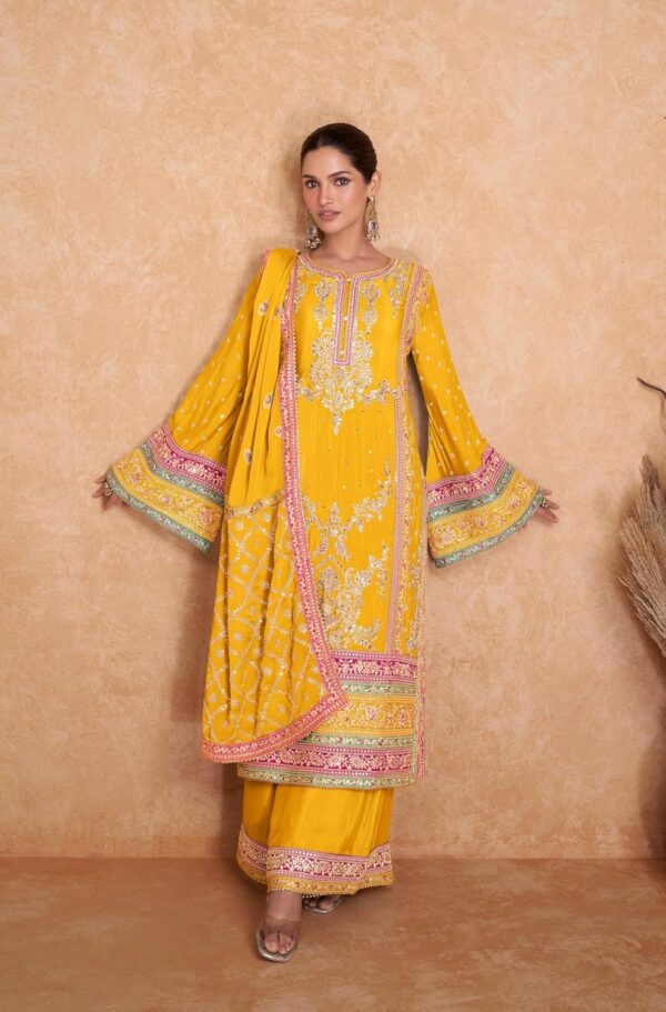 Miss Ethnik Women's Yellow Color Chinon Embroidered Kurta Palazzo Set With Embroidered Dupatta (ME-1140-Yellow) - Image 2