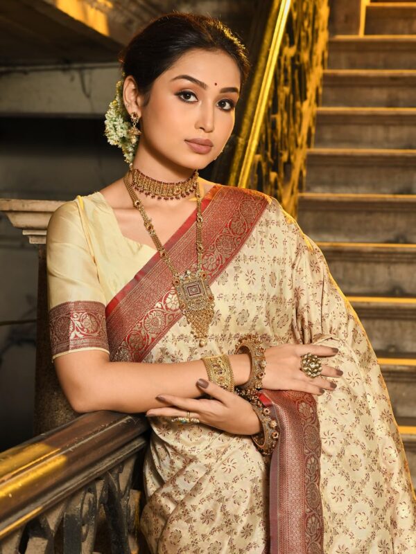 Astita Banarasi Silk Saree with Golden Zari Floral Weaving | Soft Lightweight Traditional Saree for Women | Perfect for Festive Occasions, Gifting & Celebrations - Image 3