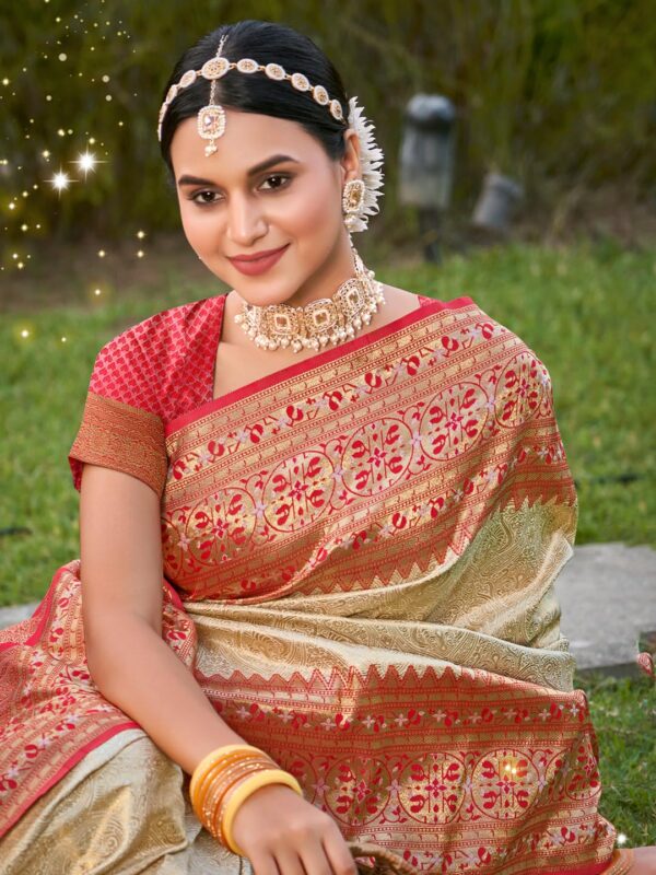 Astita Banarasi Silk Saree with Golden Zari Floral Weaving | Soft Lightweight Traditional Saree for Women | Perfect for Festive Occasions, Gifting & Celebrations - Image 3