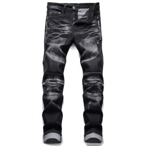 AITITIA Men's Biker Zipper Deco Washed Straight Fit Jeans