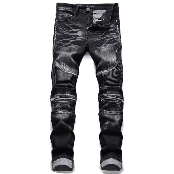 AITITIA Men's Biker Zipper Deco Washed Straight Fit Jeans