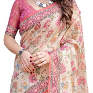 ALMAARI FASHION Handloom Cotton Floral Printed Saree with Tassels on Edges & Attached Blouse Piece | 5.5 Meter Saree + 0.8 Meter Blouse