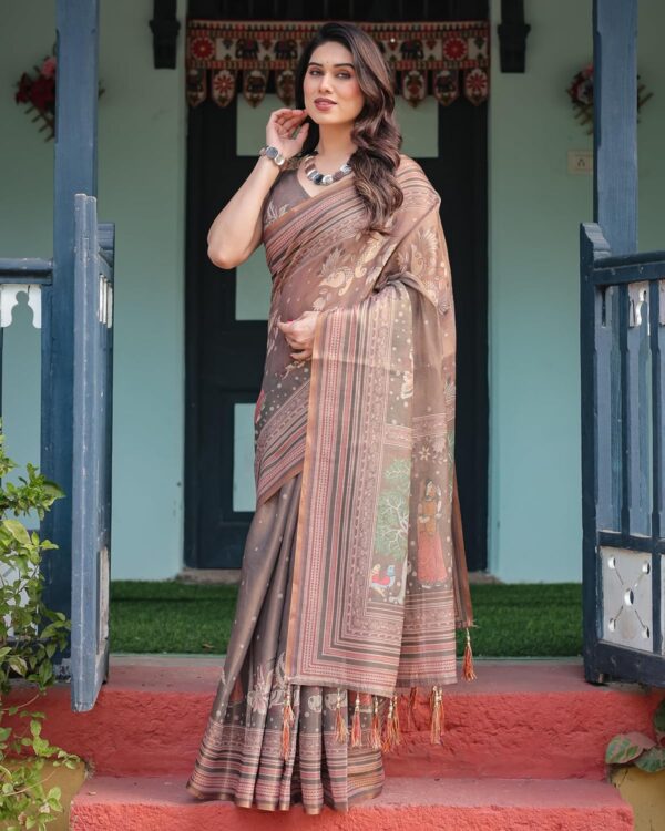 ALMAARI FASHION Handloom Cotton Floral Printed Saree with Tassels on Edges & Attached Blouse Piece | 5.5 Meter Saree + 0.8 Meter Blouse - Image 6