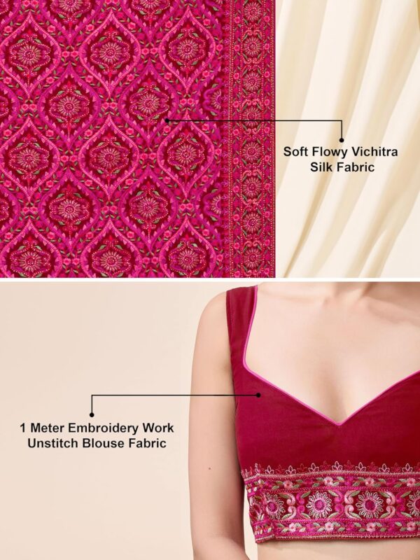 TRENDMALLS Women's Vichitra Silk Embroidery, Siroski Stone Work Saree with Unstitch Blouse Piece - Image 5