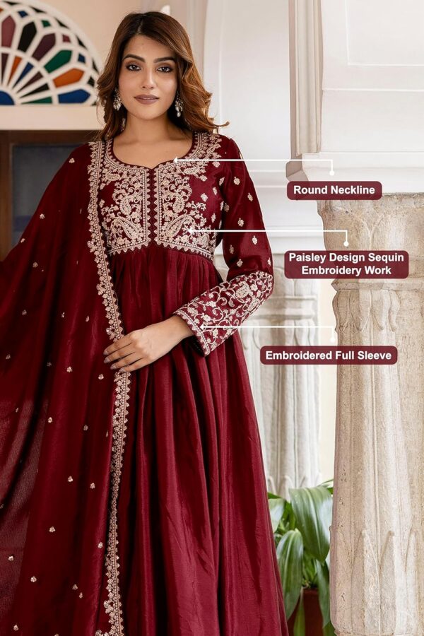 TRENDMALLS Women's Silk Blend Embroidery Anarkali Kurta Pant Set with Dupatta - Image 4