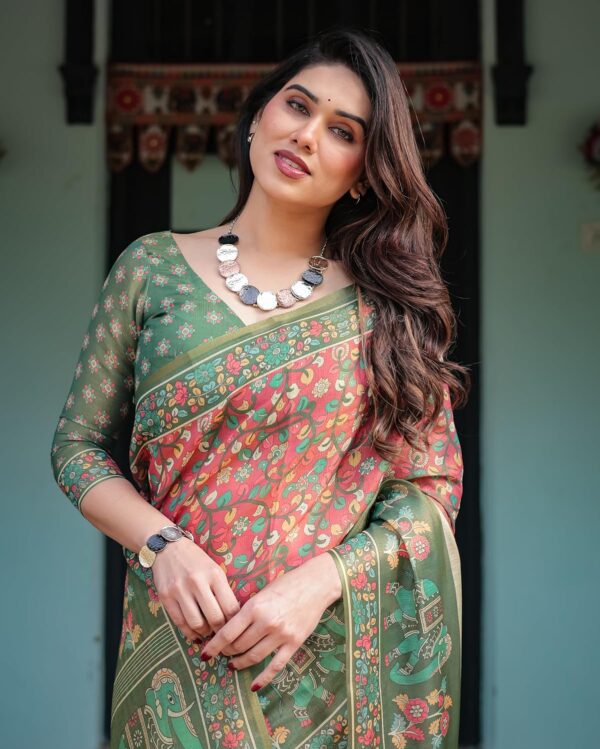 ALMAARI FASHION Handloom Cotton Floral Printed Saree with Tassels on Edges & Attached Blouse Piece | 5.5 Meter Saree + 0.8 Meter Blouse - Image 2