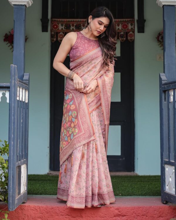 ALMAARI FASHION Handloom Cotton Floral Printed Saree with Tassels on Edges & Attached Blouse Piece | 5.5 Meter Saree + 0.8 Meter Blouse - Image 2