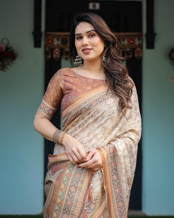 ALMAARI FASHION Handloom Cotton Floral Printed Saree with Tassels on Edges & Attached Blouse Piece | 5.5 Meter Saree + 0.8 Meter Blouse - Image 6