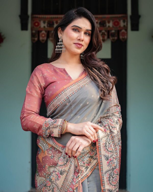 ALMAARI FASHION Handloom Cotton Floral Printed Saree with Tassels on Edges & Attached Blouse Piece | 5.5 Meter Saree + 0.8 Meter Blouse - Image 6