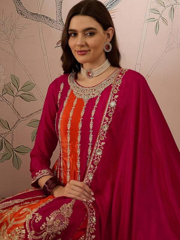 Miss Ethnik Women's Pink Chinon Stitched Top with Bottom and Dupatta - Full Sleeve Embroidered Flared Top - Image 5