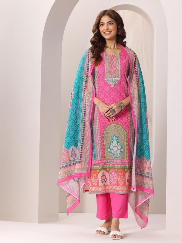 Libas Womens Printed Cotton Straight Kurta With Trousers and Dupatta - Image 4