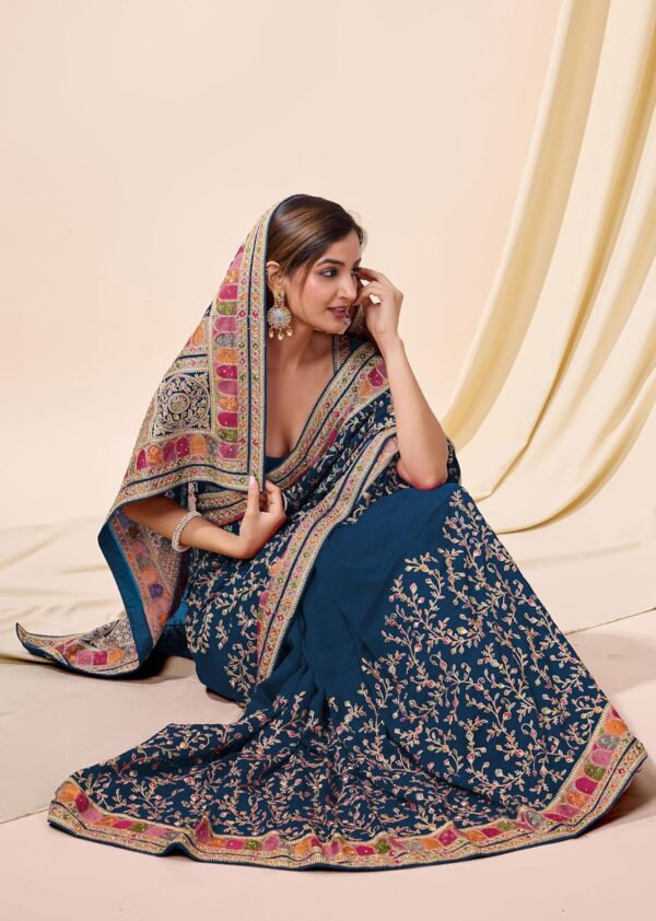 TRENDMALLS Women's Vichitra Silk Embroidery, Siroski Stone Work Saree with Unstitch Blouse Piece - Image 6