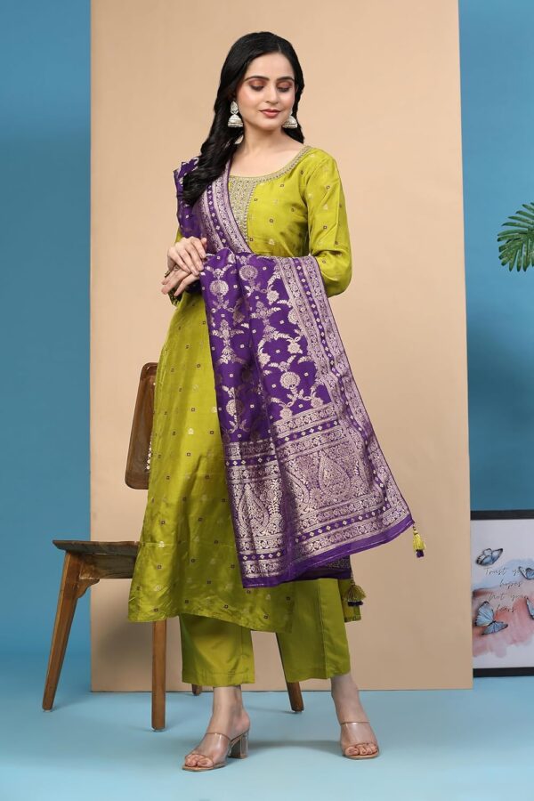 TRENDMALLS Women's Silk Embroidery Kurta Pant Set with Banarasi Dupatta - Image 3